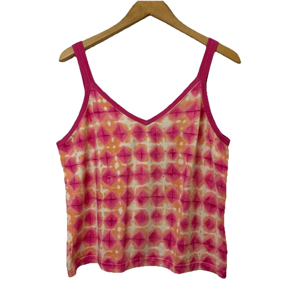 Vintage Talbots Tank Top Size XL Silk Blend Pink Orange Geo Print Casual Stretch